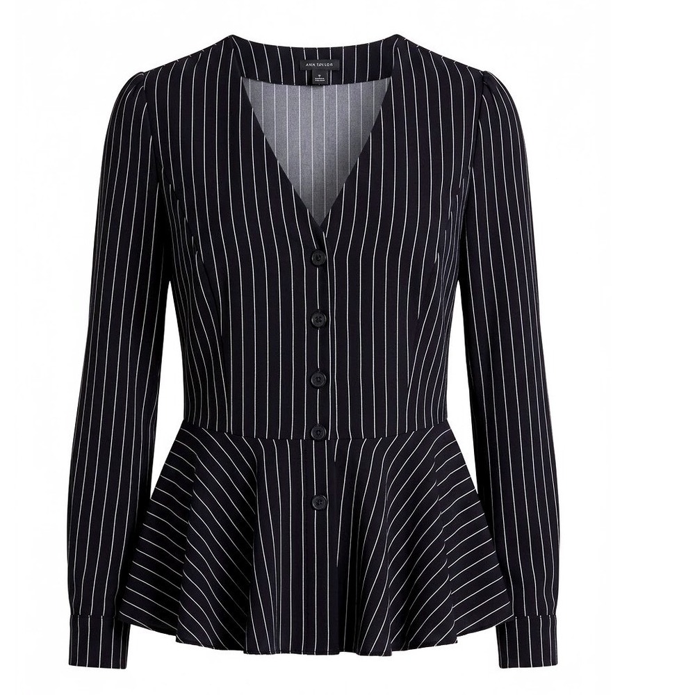Ann Taylor Navy Pinstripe Peplum Minimalist Top V-Neck Button Front Blouse 4